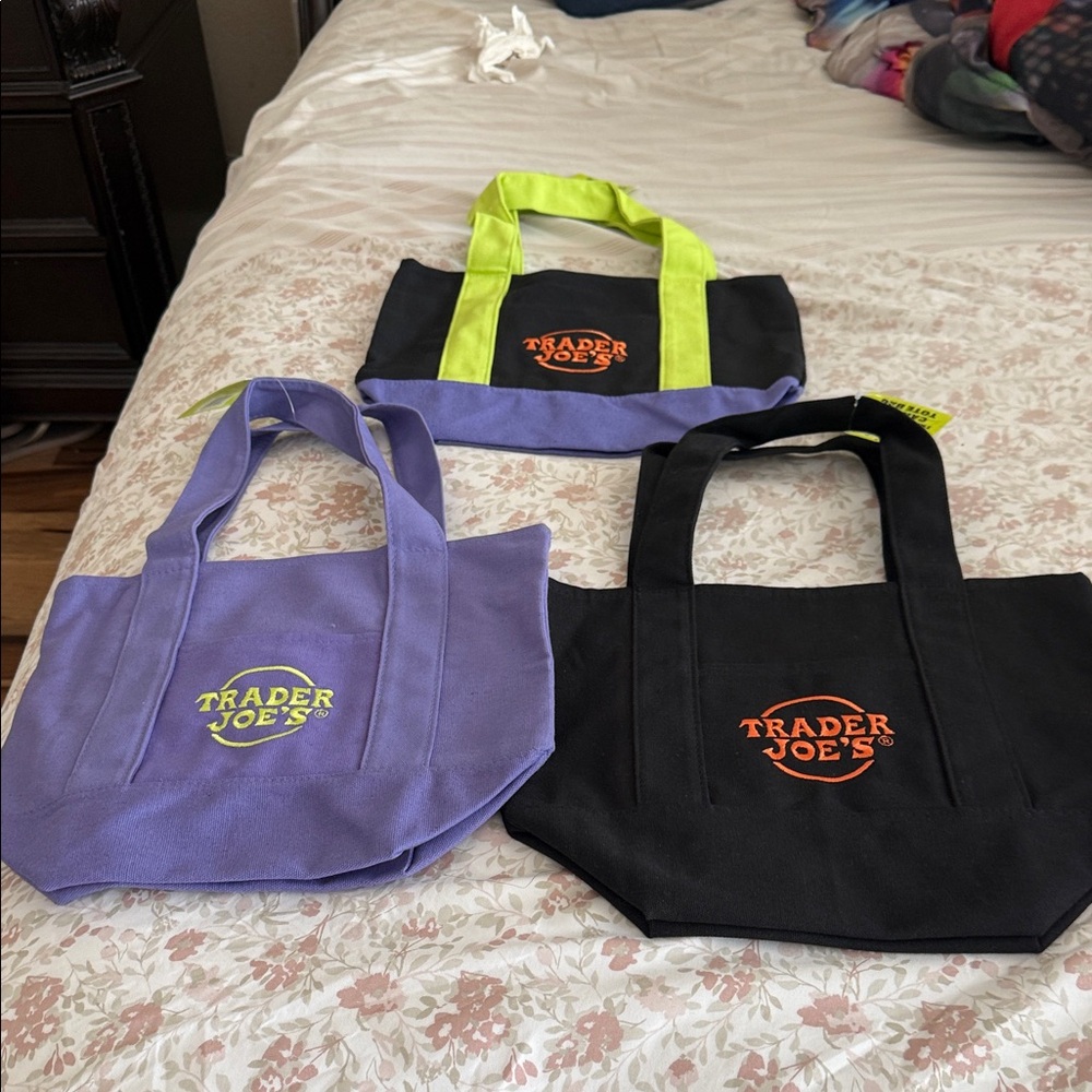 Trader Joe's Canvas Tote Bag Trio - Black & Lavender with Lime Accents